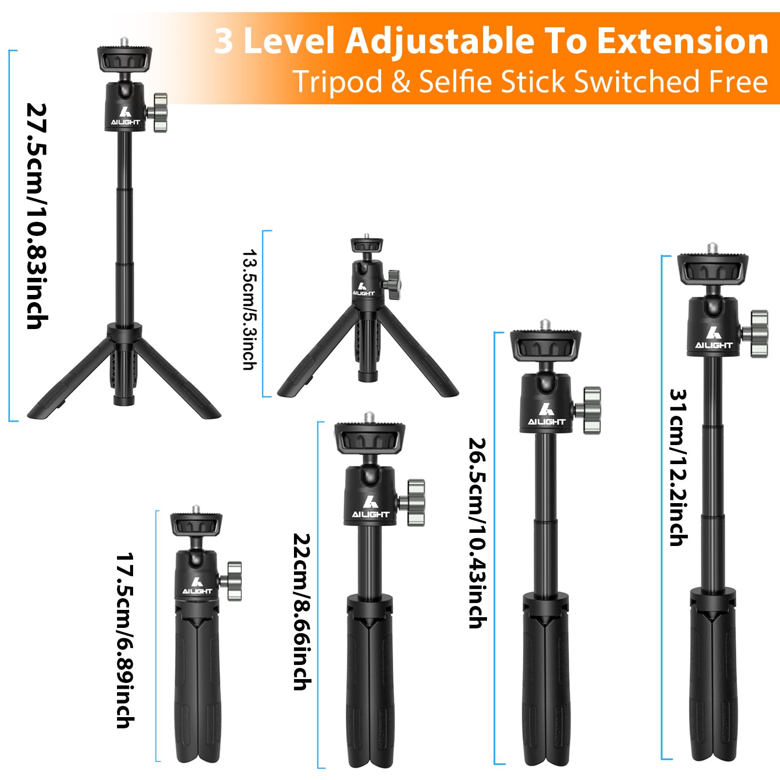 Ailight Mini PhoneTripod & Selfie Stick, Extendable Stand With Upgraded Phone Clip