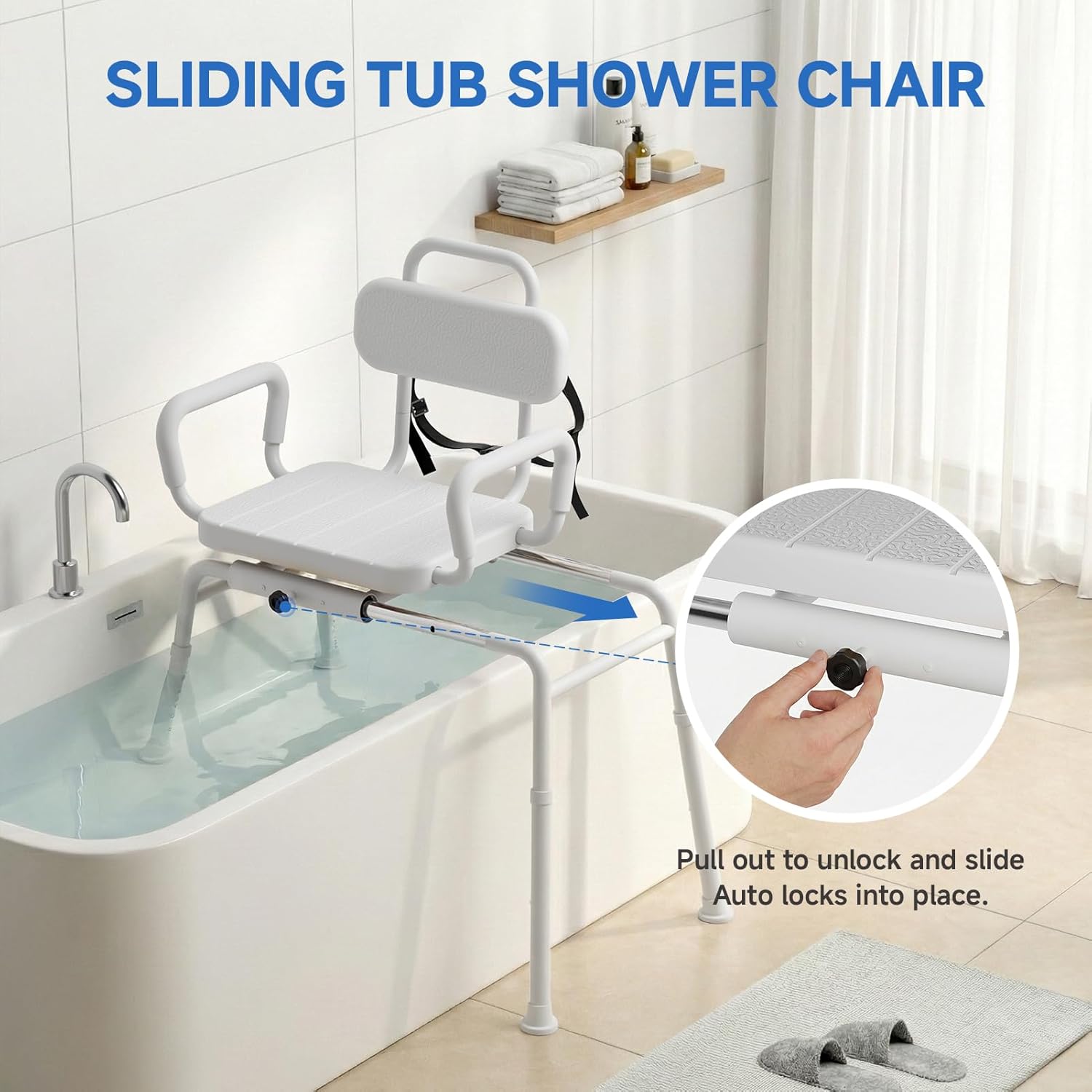 Sliding Shower Chair with Swivel Seat, Slide Bathtub Transfer, for Elderly and Disabled, with Security Belt, 360 Rotation, Slides and Rotates, Adjustable Height,350lb Capacity, Neutral Gray