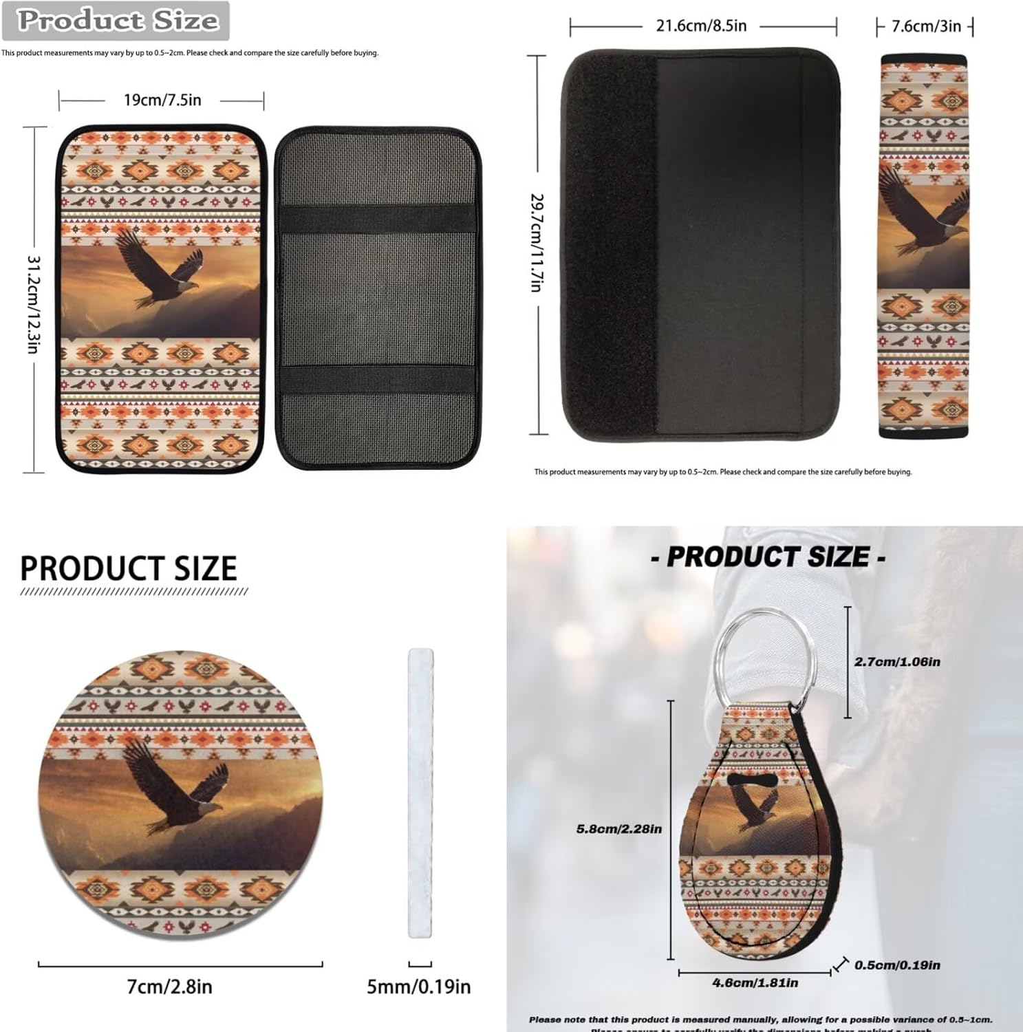 ELEQIN Southwest Aztec Eagle 14 Pcs Interior Set Front Rear Seat Covers for Cars Steering Wheel Seat Belt Headrest Coasters Center Console Cushion Pad Key Chain Decorative Universal Fit Most Auto