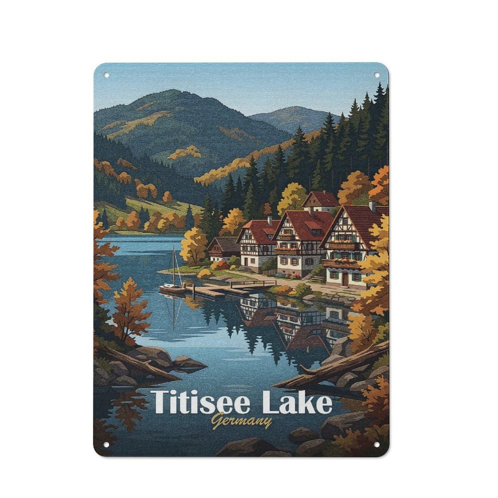 Junmoney Style-6 Titisee Lake Germany Autumn Landscape Warehouse Style Metal Wall Decor 40X30cm, Metal Wall Sign For Workspace, Cafe, Hallway Or Garage