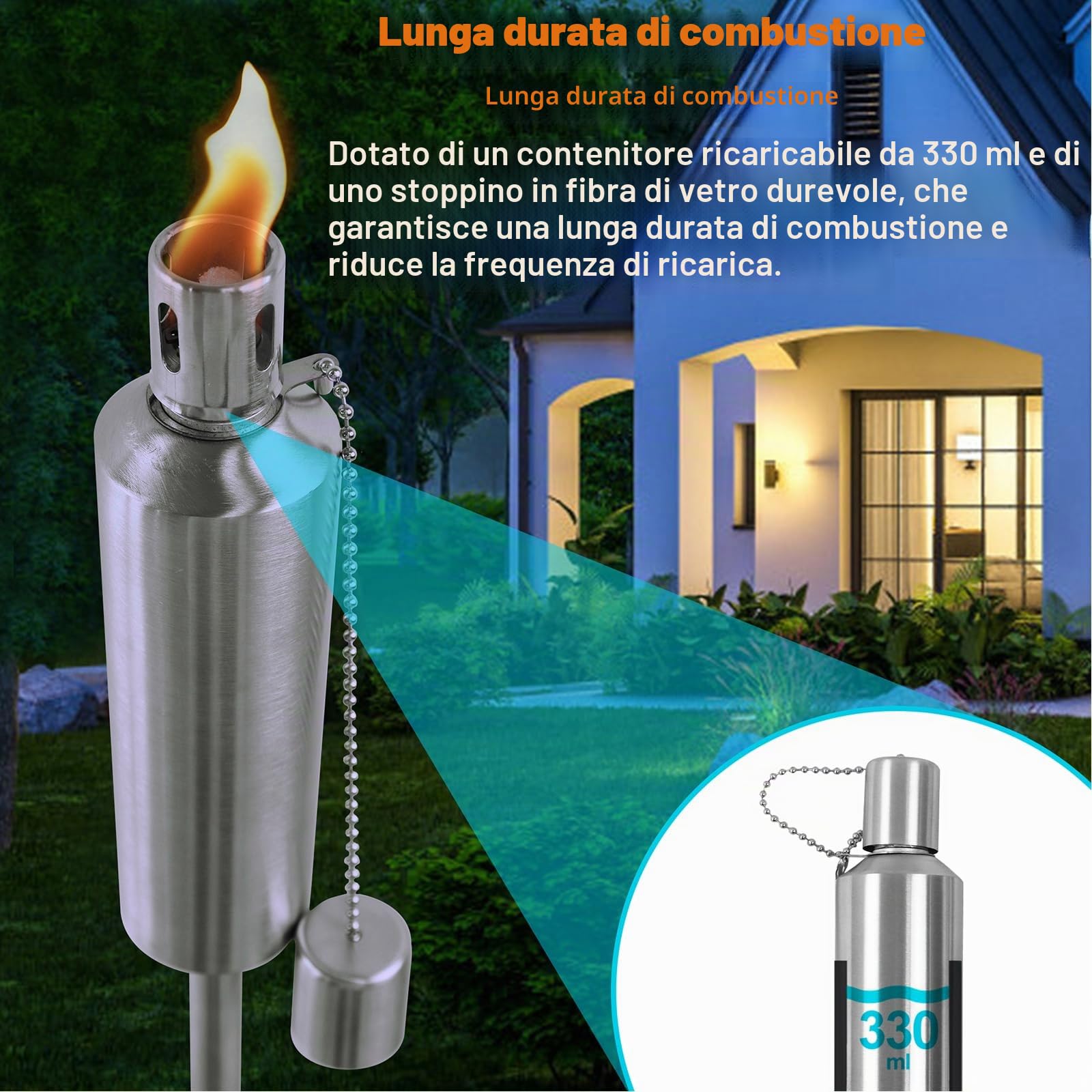 LZQ Set di 6 torce da giardino in acciaio inox, per esterni, per torce, ricaricabili, per balconi e terrazze, per esterni