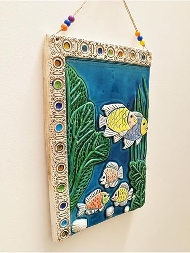 Large Ceramic Underwater Fish Figurine Handmade Wall Ornament - Modern White Nautical Evil Eye Charm for Home Protection and Artistic Display - One