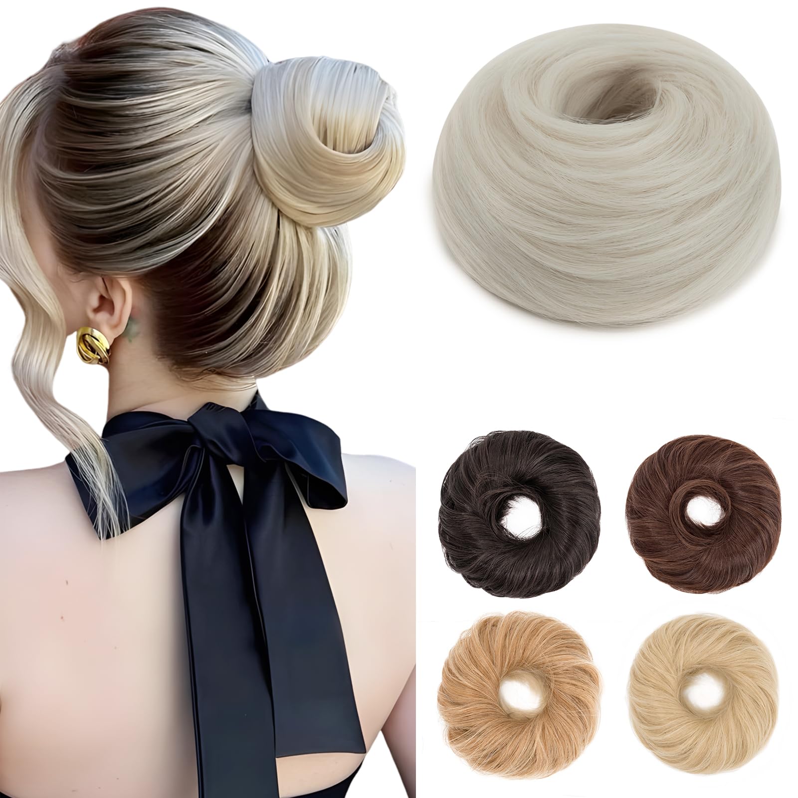 Benehair Messy Bun Hair Scrunchies Curly Hair Buns Hairpiece Synthetic Ponytail Bun Extensions Blonde with Gray Hair Pieces for Women (Blonde with Gray