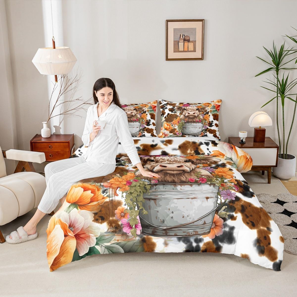 Highland Cattle Cup Comforter Set for Kids Adults,Retro Cow Skin Farmhouse Animal Soft Bedding Comforter Sets King,Watercolor Wild Flowers Rustic Style Quilt Comforter with 2 Pillowcases image 2