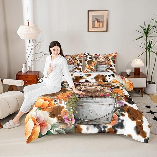 Miniatura 2 de Highland - Juego de edredón de copa de ganado para niños y adultos, juego de edredón suave de piel de vaca retro, tamaño matrimonial, edredón de