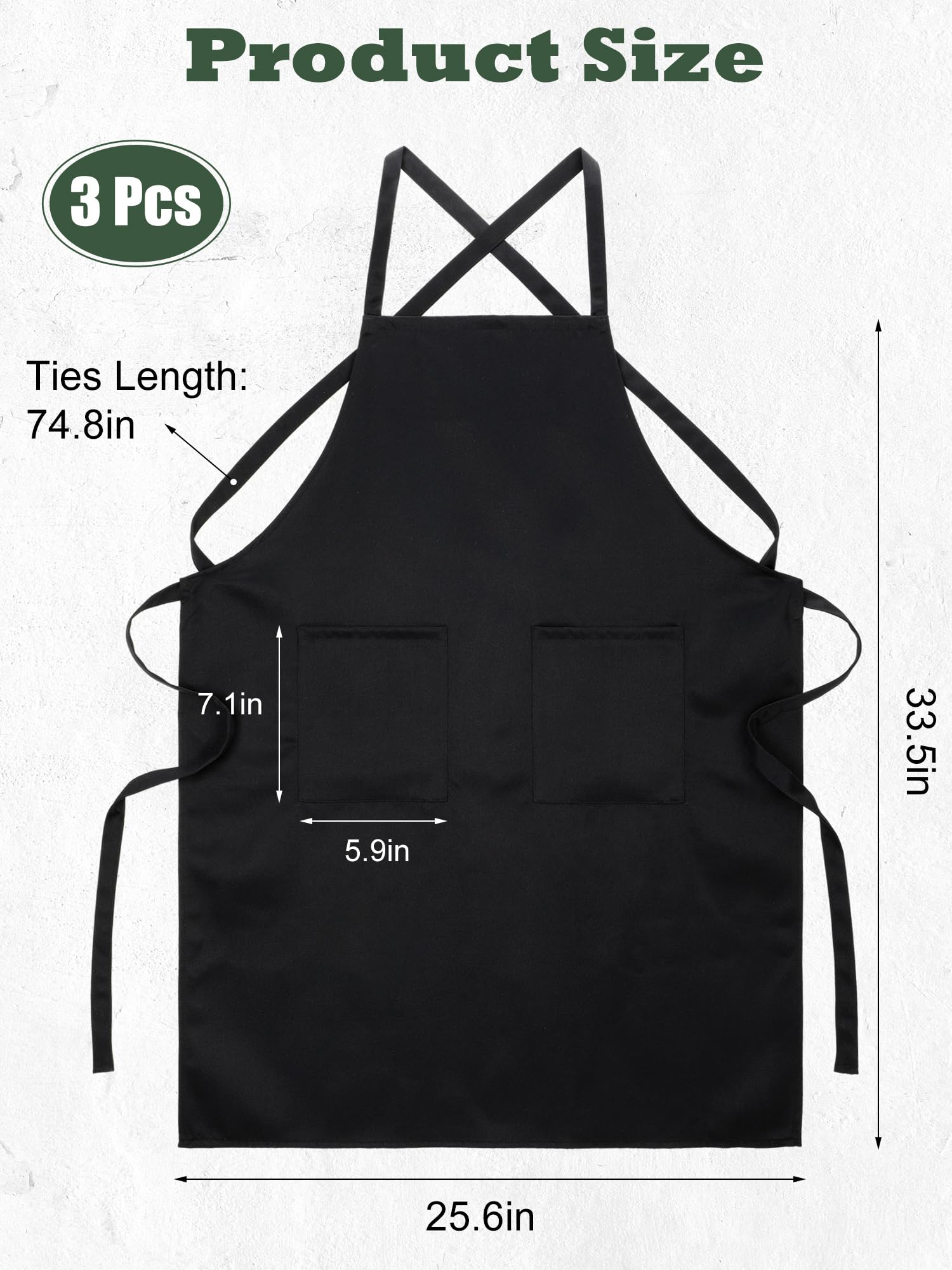 Cozypower Unisex Latzschürze mit Kreuzrücken, verstellbare Schürzen mit 2 Taschen, für Restaurant, Küche, 3 Stück, Schwarz, about 33.5 x 25.6 inches