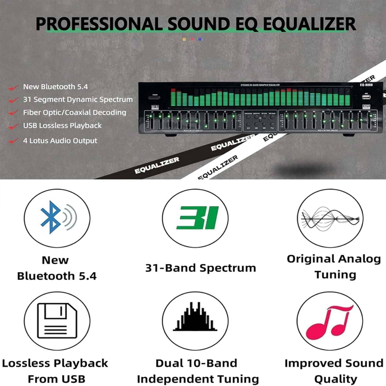 Equalizzatore Grafico Professionale 31 Bande con Bluetooth 5.4 e Analizzatore di Spettro LED - Perfeziona Audio per Studio, Home Theater, Auto e Sistemi Live Sound - Tuning di Precisione