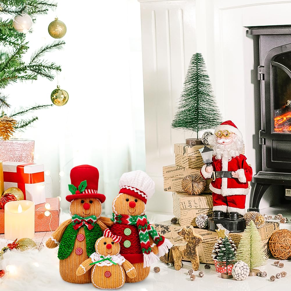 Eforcase 3 figuras navideñas de peluche de hombre de jengibre con sombrero y bufanda, adorno de muñeca de hombre de jengibre, decoración del hogar, ventana de Navidad, bandeja escalonada, decoración