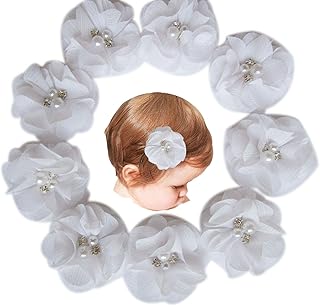 Baby Girls Chiffon Flower Hair Clips with Rhinestones and Pearl,YYCRAFT 10 pcs Party Wedding 2" Hair Accessory for Kids Toddler Infant Girls(Snow White)