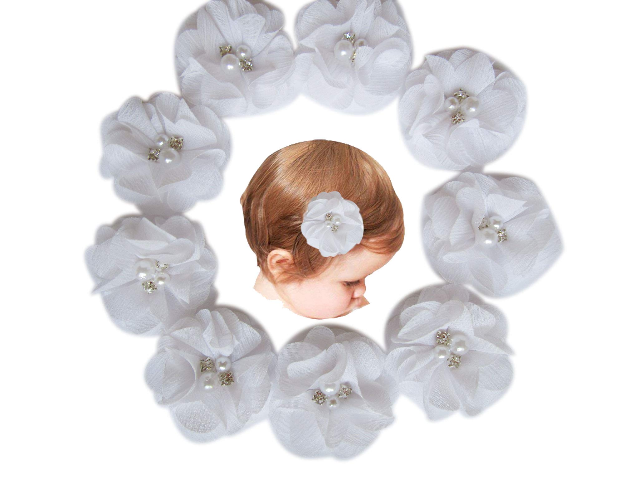 YYCRAFT Baby Girls Chiffon Flower Hair Clips with Rhinestones and Pearl, 10 pcs Party Wedding 2" Hair Accessory for Kids Toddler Infant Girls(Snow White)