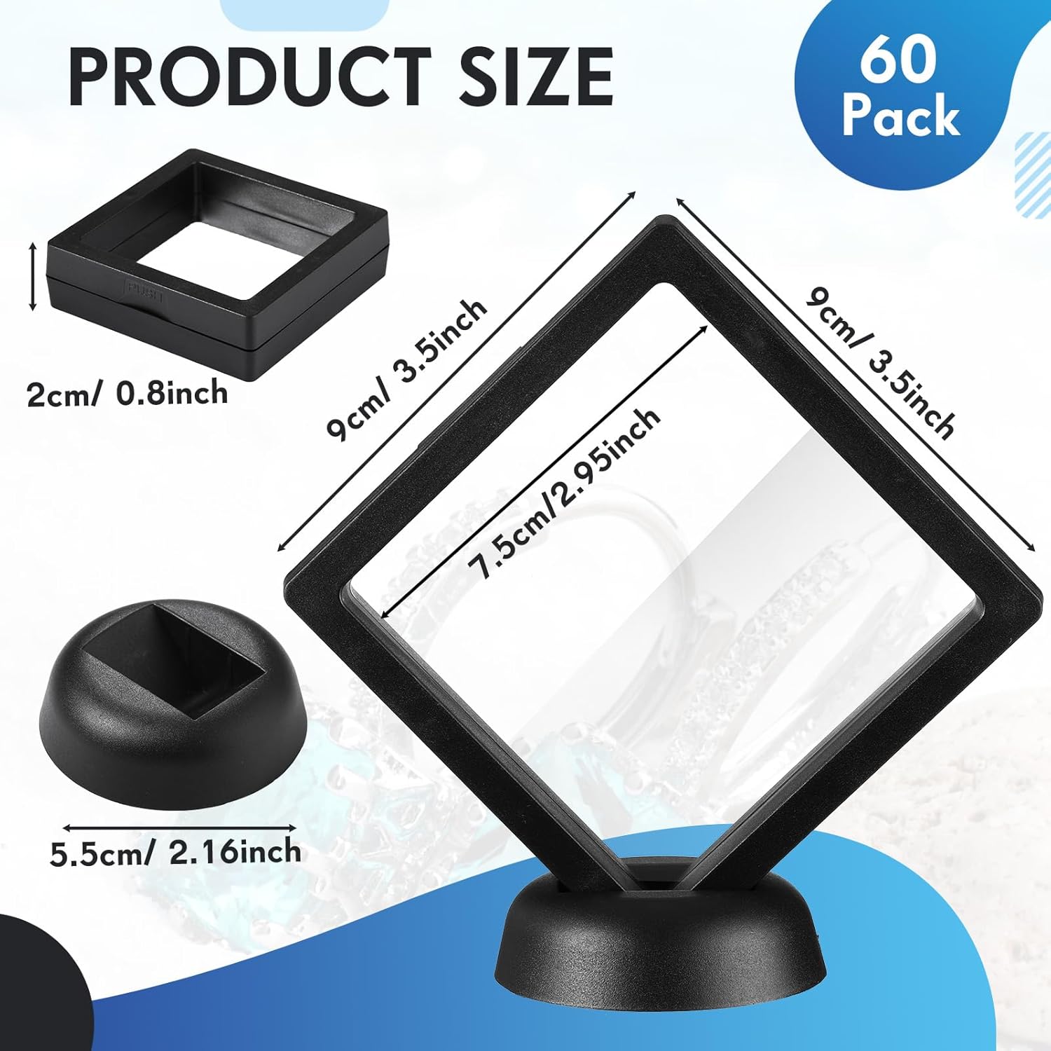 60 Pcs 3D Floating Display Case PE Film Jewelry Storage Box Coins Display Frame Holder Stands for Antique Challenge Coins, Medallion Shells Gems Rocks Pins (White, Black,3.5 Inch)