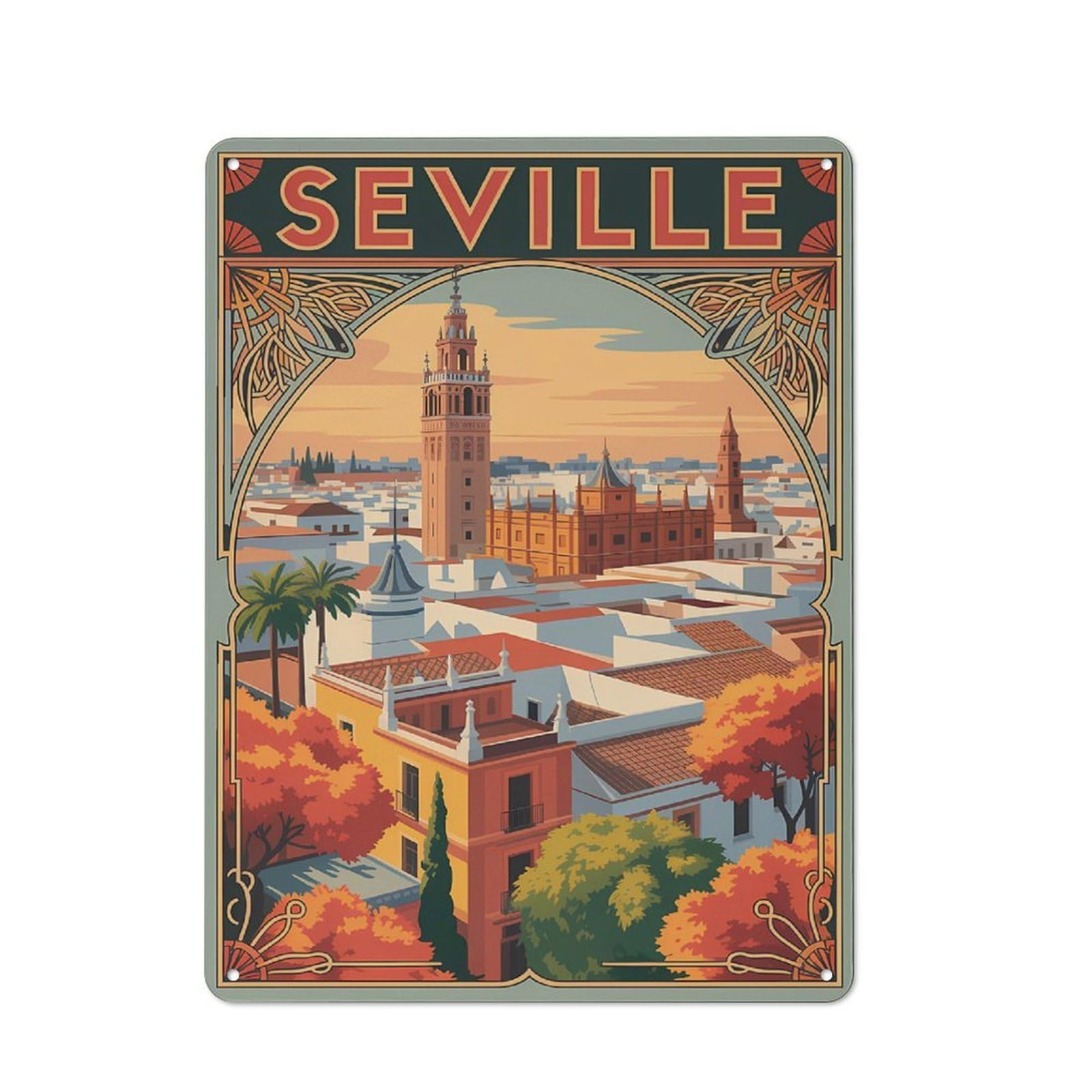 Junmoney Style-9 Shed Style Seville Cityscape Vintage Travel Tin Sign 40X30cm, Utility Space Decor For Greenhouse, Garden Room, Cafe Or Entryway