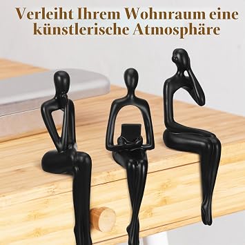 Kichvoe Pack of 3 Modern Resin Figures Abstract Figure Abstract Statue Sitting Thinker Shelf Decor for Bookshelf Office Desk Living Room (Black)