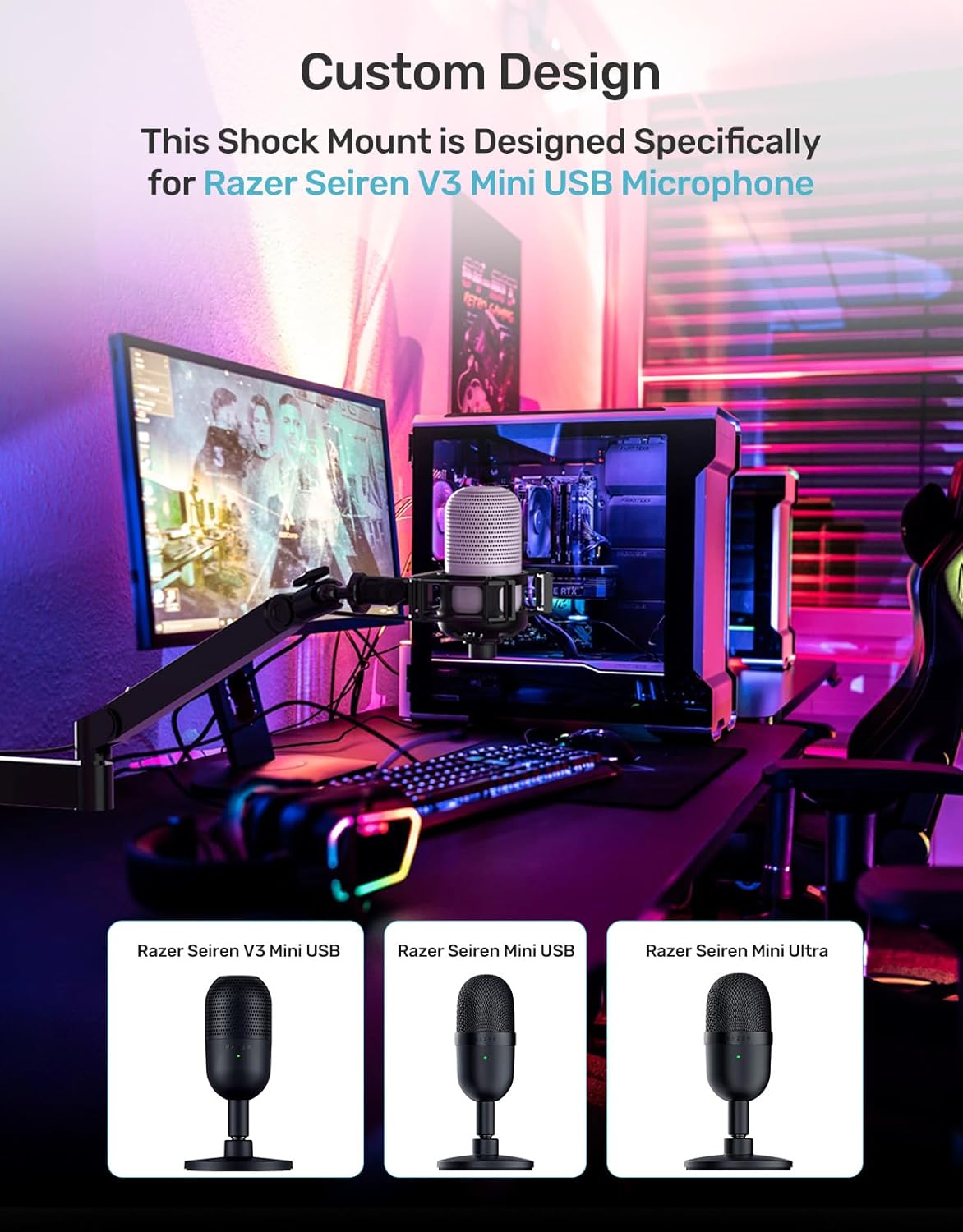 Custom Built for Razer Seiren Shock Mount Anti-Vibration Suspension Elastic Shock Mount Holder Clip Mics Stand with Screw Adapter Compatible with Razer Seiren V3 Mini USB V2 Microphone