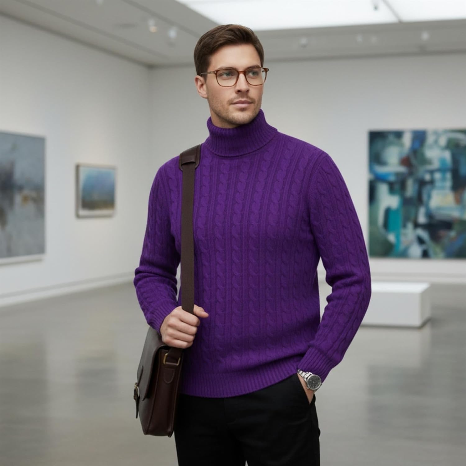 Janisramone® Mens High Polo Roll Neck Jumper, Long Sleeve Cable Knitted Pullover Mens Sweater, Casual Turtle Neck Jumper Purple