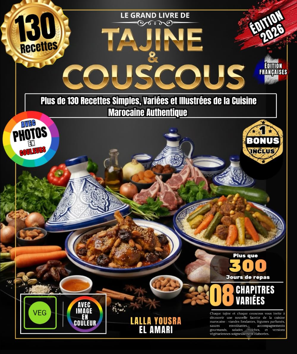 Le Grand Livre de Tajine & Couscous: Plus de 130 Recettes Simples, Variées et Illustrées de la Cuisine Marocaine Authentique – Pour Débutants et Professionnels