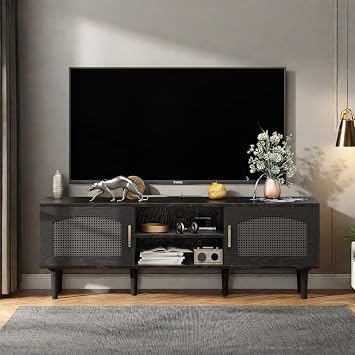 FONTOI TV Stand, Modern Television Stand for 50/55/60 inch TV, Fluted Entertainment Center with 2 Rattan Doors, TV Cabinet with Wood Legs & Golden Handles, Media Console for Living Room, Black