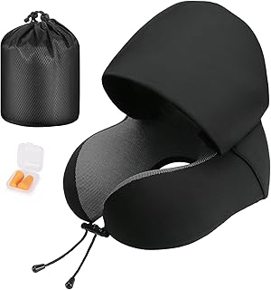 Cirorld Neck Pillow for Travel, Memory Foam Travel Pillow with Hood, Adult Airplane Pillow for Head Rest Neck Support, Portable Pillow for Office Cars Trains Long Flights Sleeping (Black)