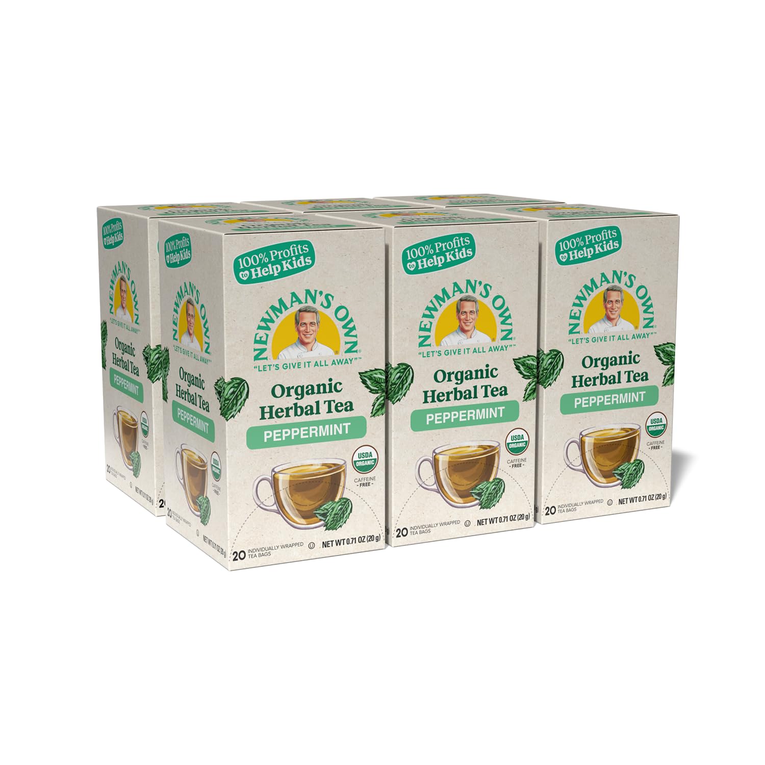 Newman's Own Organic Peppermint Tea Caffeine Free Refreshing Mint Herbal Tea That May Aid Digestion with 20 Individually Wrapped Tea Bags Per Box (Pack of 6) USDA Certified Brew Hot/Cold
