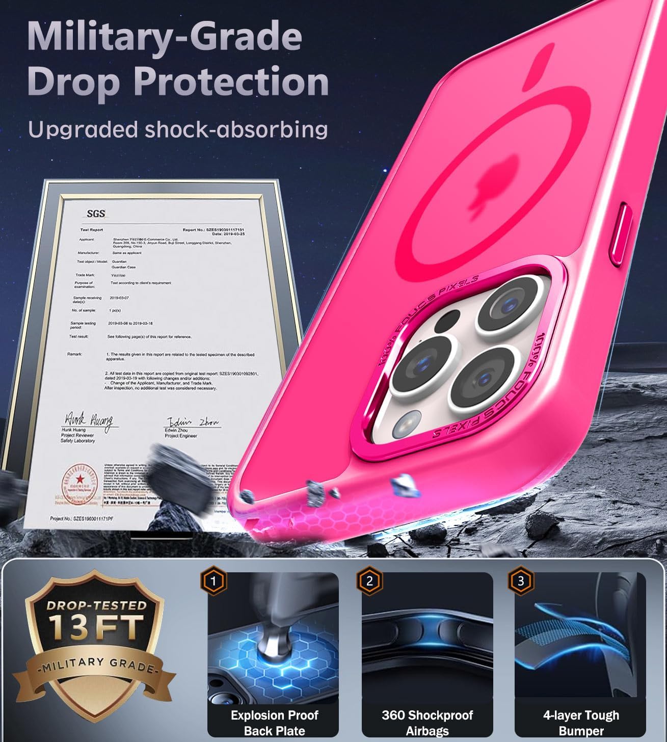 Newfuture Designed for iPhone 14 Pro Case with Magnetic [13 FT Military Drop Protection] [Compatible with Magsafe] Slim Translucent Matte Shockproof with Anti-Fingerprint Phone Case, Hot Pink - Image 5