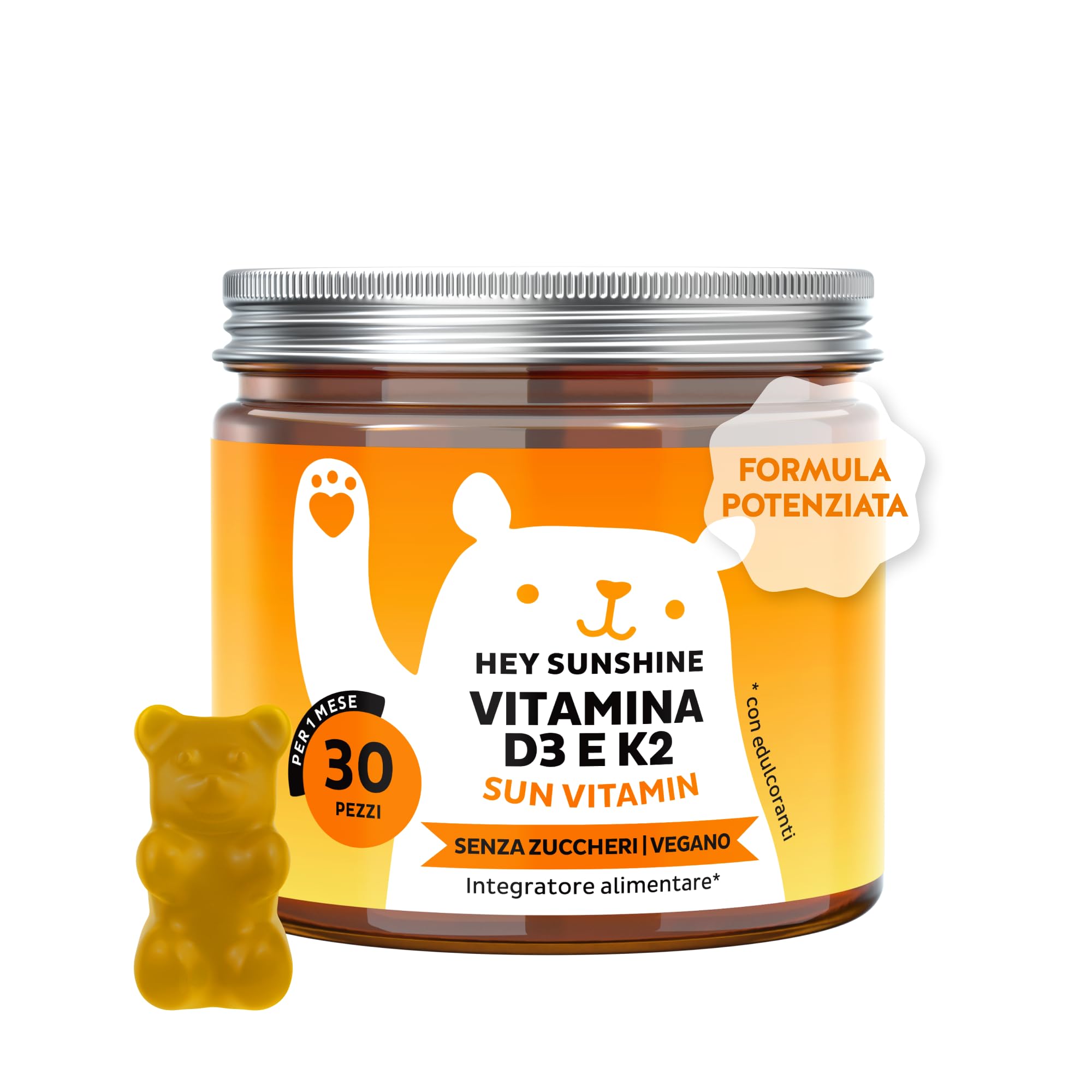 Vitamina D3 K2 - Hey Sunshine – Caramelle gommose con Vitamina D3 25 µg (1000 UI) e K2 – Funzione normale del sistema immunitario – 30 pezzi (1 mese) – Senza zucchero, Vegane – Bears with Benefits
