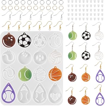 1Pc Sport Theme Earring Pendant Silicone Mold Flat Round Football Tennis Volleyball Bowling Resin Mold Sports Ball Teardrop Casting Mould for Epoxy Resin DIY Earring Keychain Jewelry Making