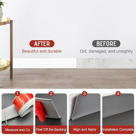 Flexible Self-Adhesive PVC Skirting Board Trim 10cm x 3m - Peel and Stick Wall Base Molding, White Baseboard Cover for Floor and Wall Gap Protection