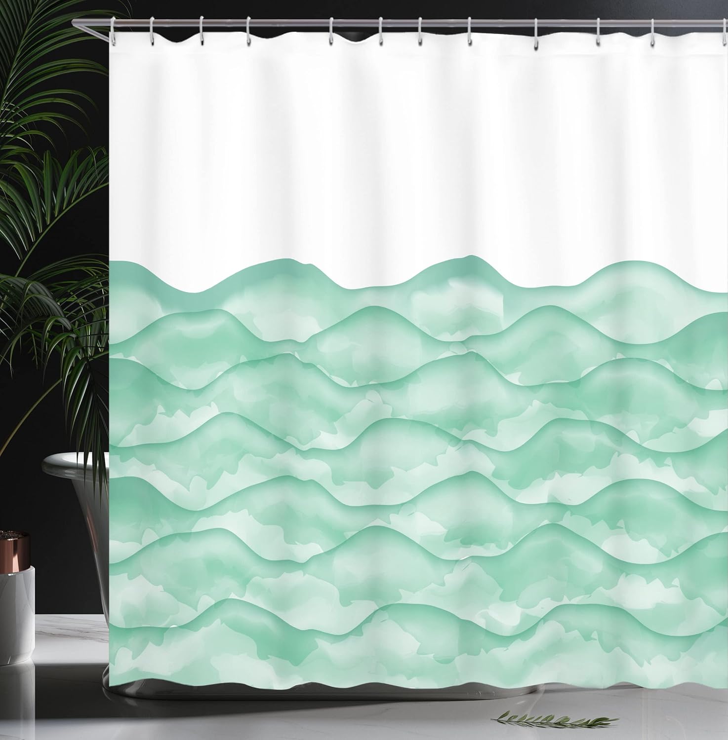 Ambesonne Ocean Shower Curtain, Sea Waves Illustration Features Liquid Ocean Motion Water Tides Image Artwork, Cloth Fabric Bathroom Decor Set with Hooks, 69" W x 70" L, Seafoam White