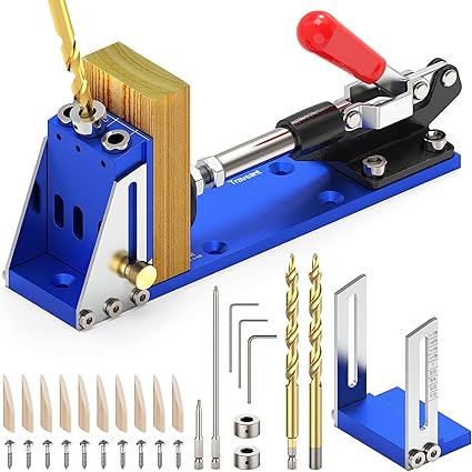 TRAVEANT Pocket Hole Jig Tool Kit, Pocket Hole Drill Guide Jig Set for 15? Angled Holes, All-Metal Pocket Screw Jig, Adjustable & Easy to Use Complete Kit of Drill Guide (Klein Blue)