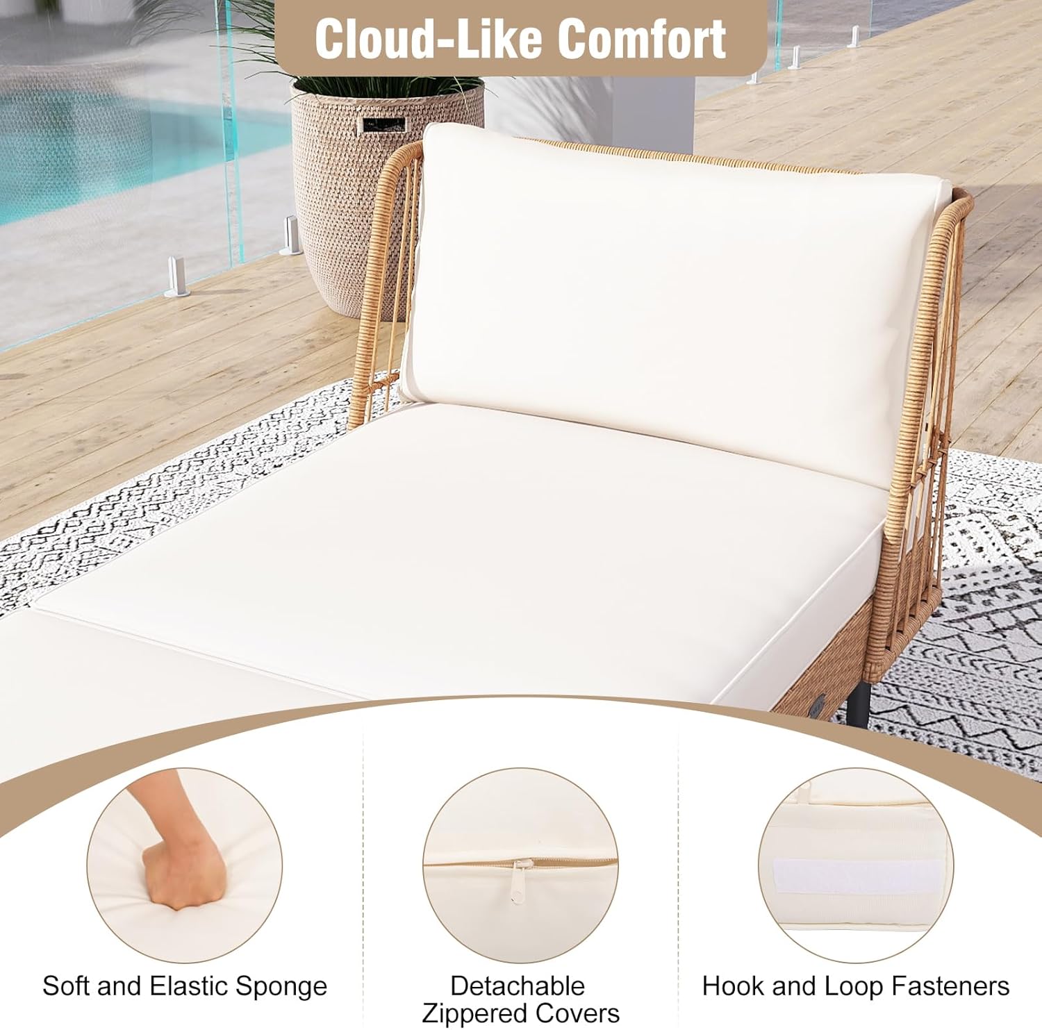 Tangkula Patio Rattan Daybed, Boho Outdoor Wicker Lounge Sofa with Seat & Back Cushions, 2-Seat Bench Sun Lounger Chair with Robust Metal Legs for Deck, Backyard, Porch, Poolside (1, Off White)