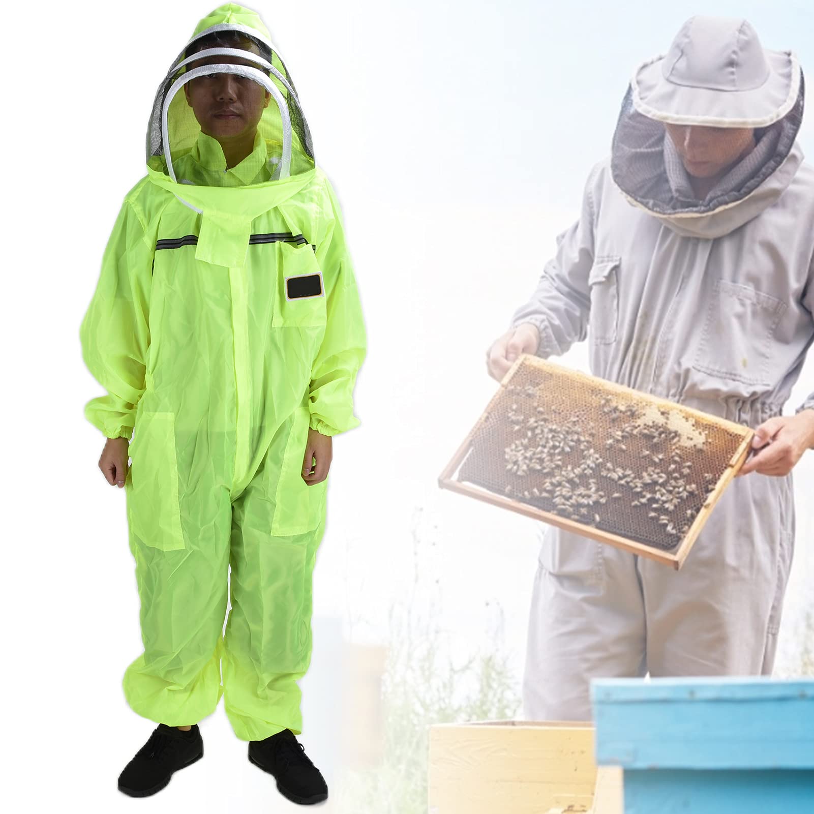 Traje de apicultura, mono de apicultor de una pieza verde fluorescente con cremallera frontal para protección contra picaduras de colmenar