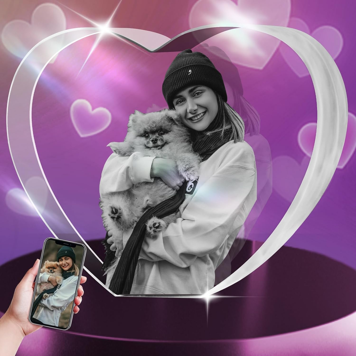 3D Crystal Photo, 3D Crystal Heart-Shaped, Personalized Gift for Mothers, Ladies, Wives, and Husbands. Customized 3D Images, pet Enthusiast Gifts, Customized Couple Gifts (Medium)