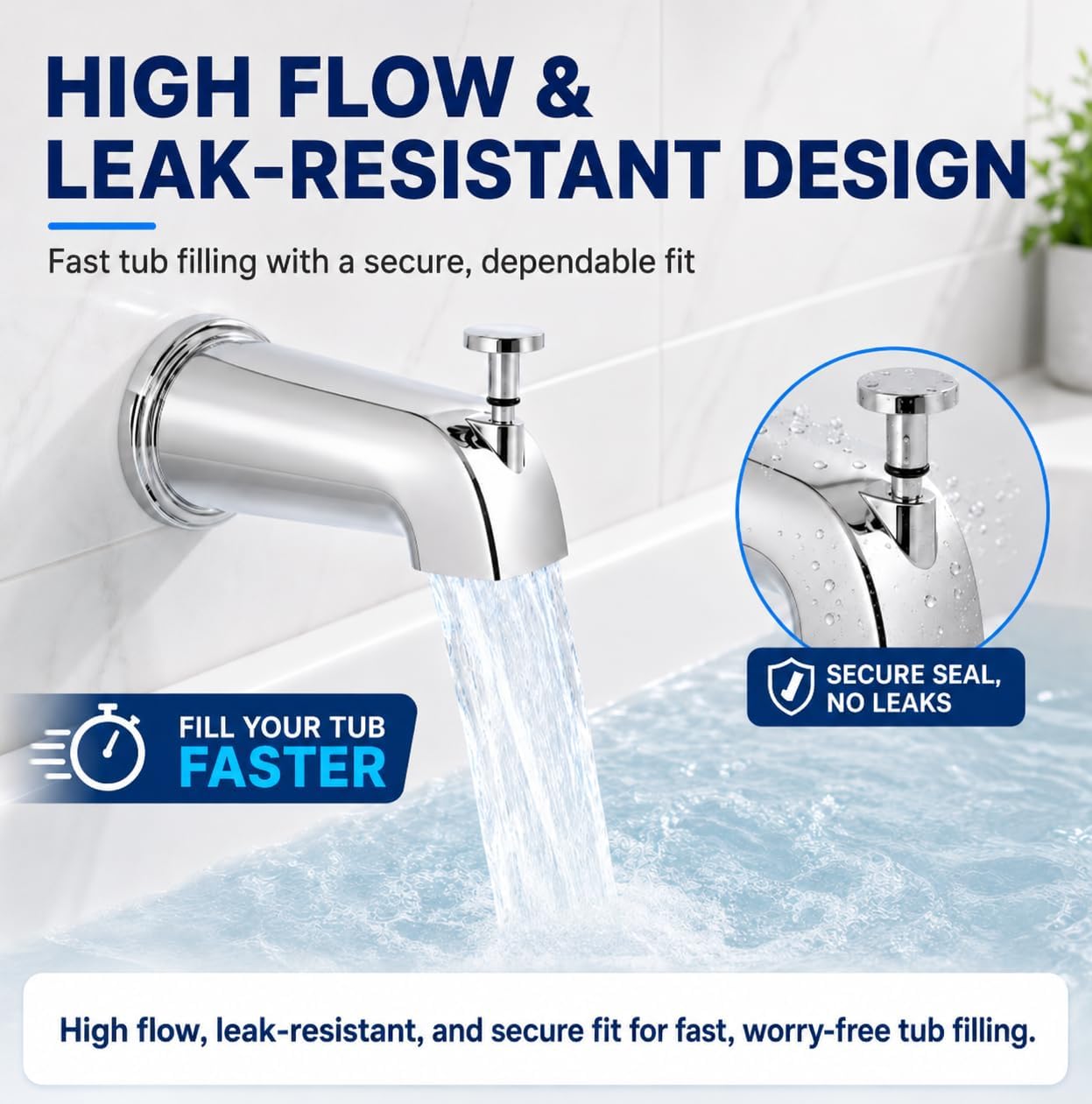 Tub Spout with Diverter, Universal Bathtub Spout Replacement Kit, Fits 1/2" Slip-Fit Copper Pipe & 1/2"/3/4" IPS Thread Connections, Chrome Metal with Adapters, PTFE Tape and Hex Wrench