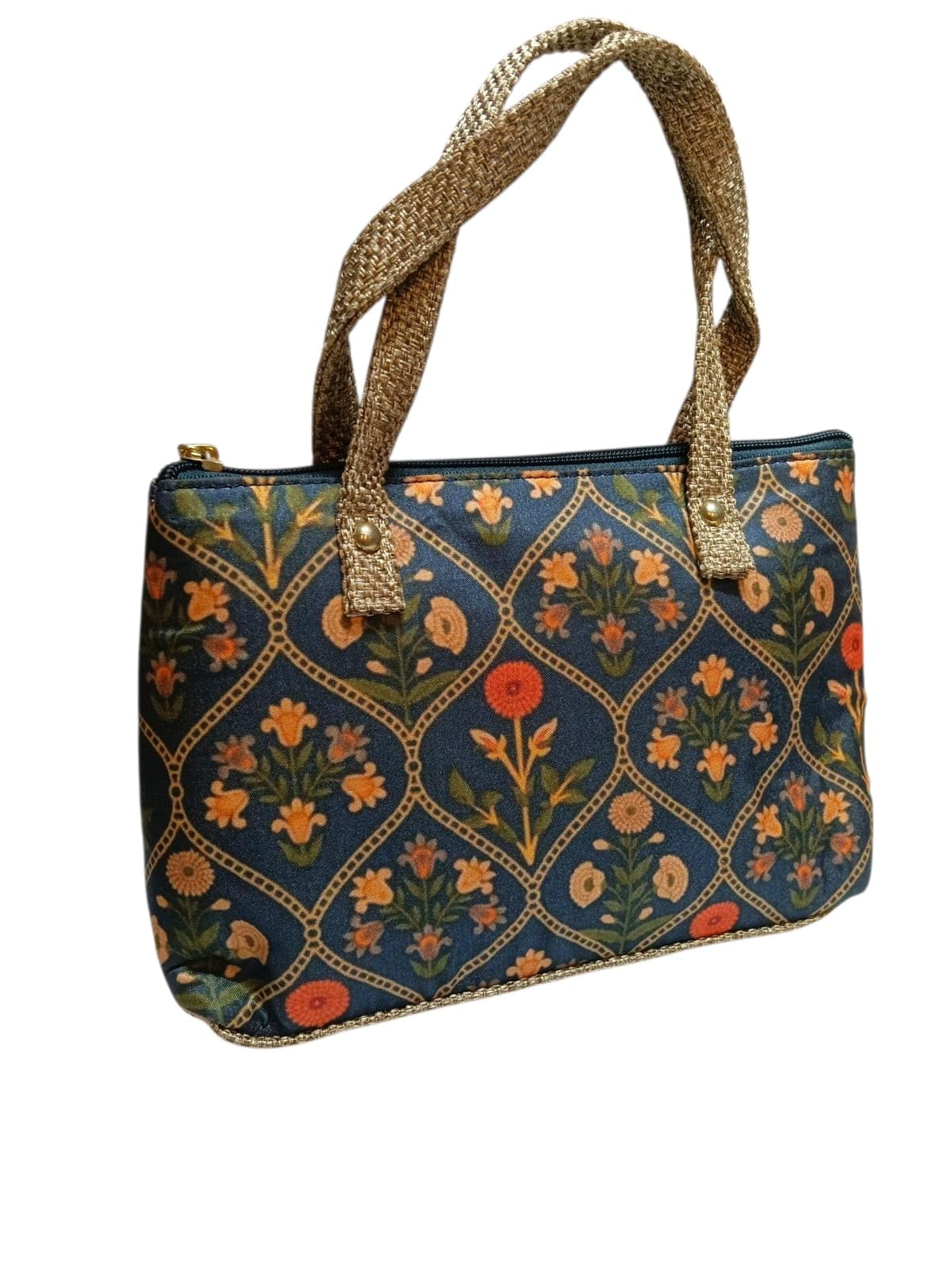 Handcrafted Ethnic Floral Motif Handbag - Festive Return Gift Bag - Stylish Navy Blue Vanity Purse-image-41