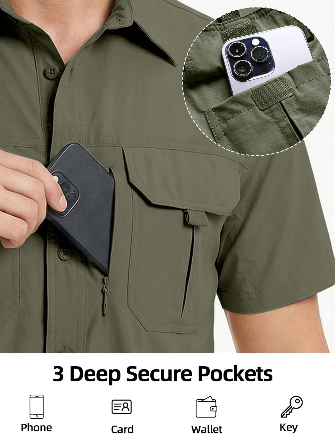 Mens Sun Protection Fishing Shirts Short Sleeves UPF50+ Button Down Quick Dry Shirts Hiking Zipper Pockets