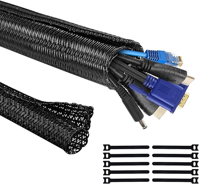 YIUTERA Cable Tidy Management Sleeve Cord Protector Wire Loom Tubing for Computer USB Cable Power Cord Audio Video Cable Protect Cat from Chewing Cords-10 PCS Reusable Cable tie. (16.4ft-1/2in Black)