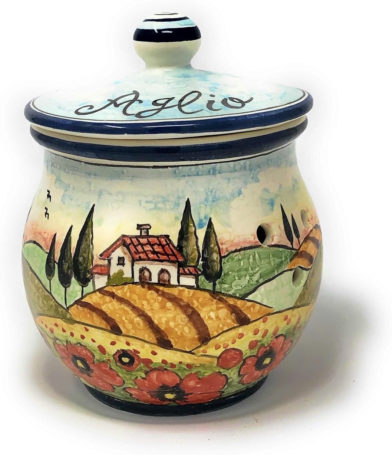 CERAMICHE D'ARTE PARRINI Italian Ceramic Garlic Jar Holder Hand Painted Made in Italy Decorated Poppies Landscape Tuscan Art Pottery