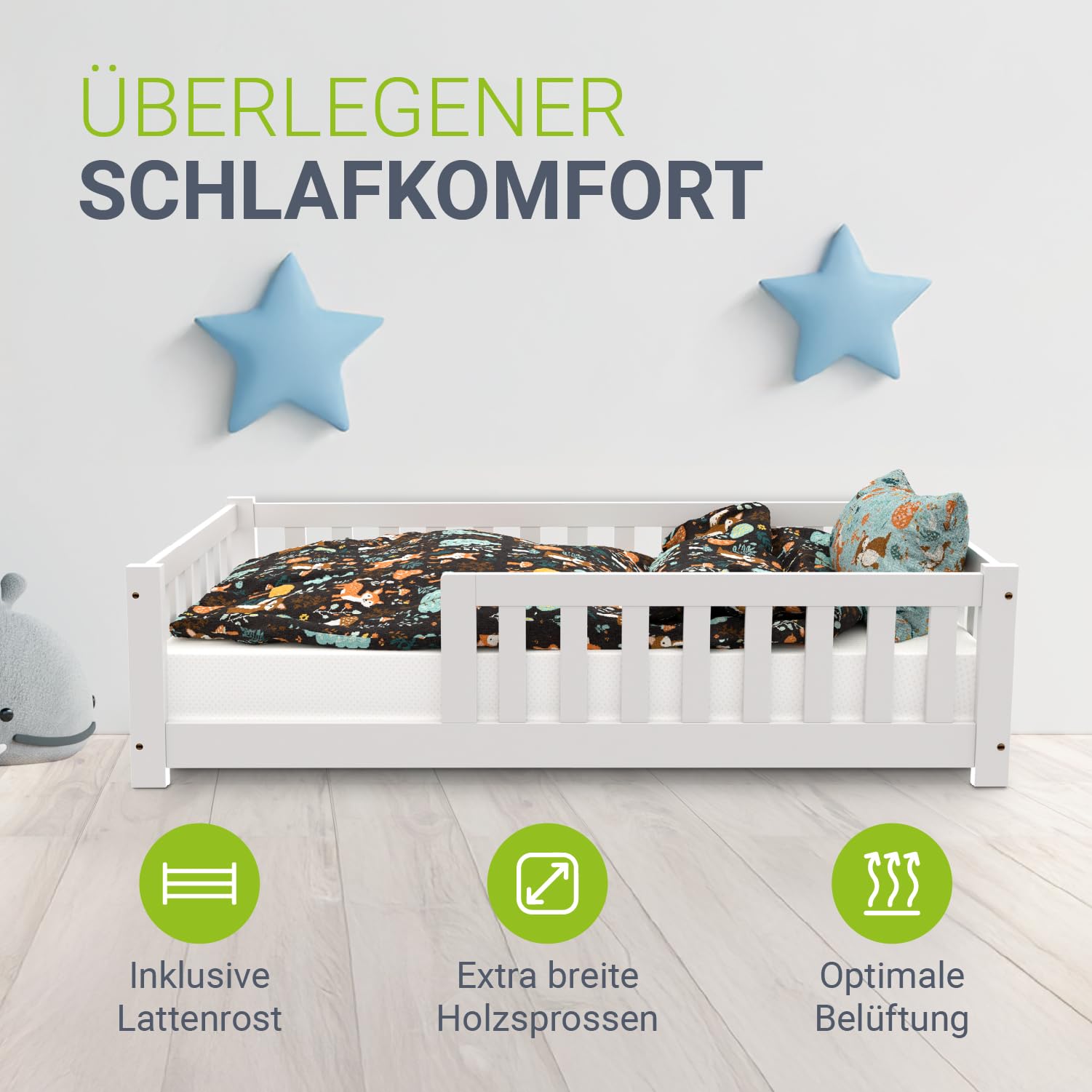 Juskys Kinderbett Naya - 80x160 cm Bett mit Rausfallschutz & Lattenrost - Holz Bodenbett für Kinder 3-10 Jahre - modernes Bettgestell Weiß