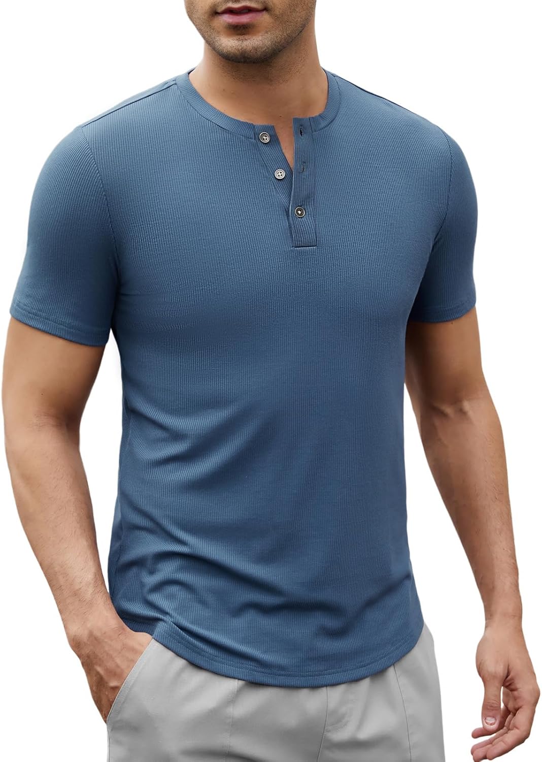 3 T-shirt Uomo FDB Manica Corta A Scollo V In Jersey Di Cotone Aderente - Foto 3