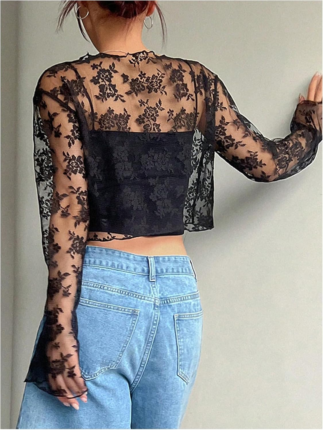 SweatyRocks Women's Long Bell Sleeve Lace Crop Top Y2K Sheer Mesh Crew Neck Going Out Shirt Tops - Image 4