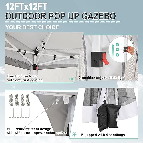 Miniatura 8 de COBIZI Toldo desplegable de 12x12 para patio en oferta con mosquitero, carpas para patio en oferta, tienda de campaña al aire libre con bolsa