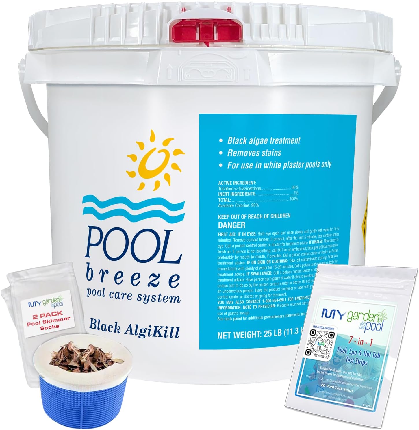 Pool Breeze Black AlgiKill 88552 – 25 lbs – Heavy Duty Black Algae Control – with My Garden Pool 7 in 1 Test Strips & Scum Socks