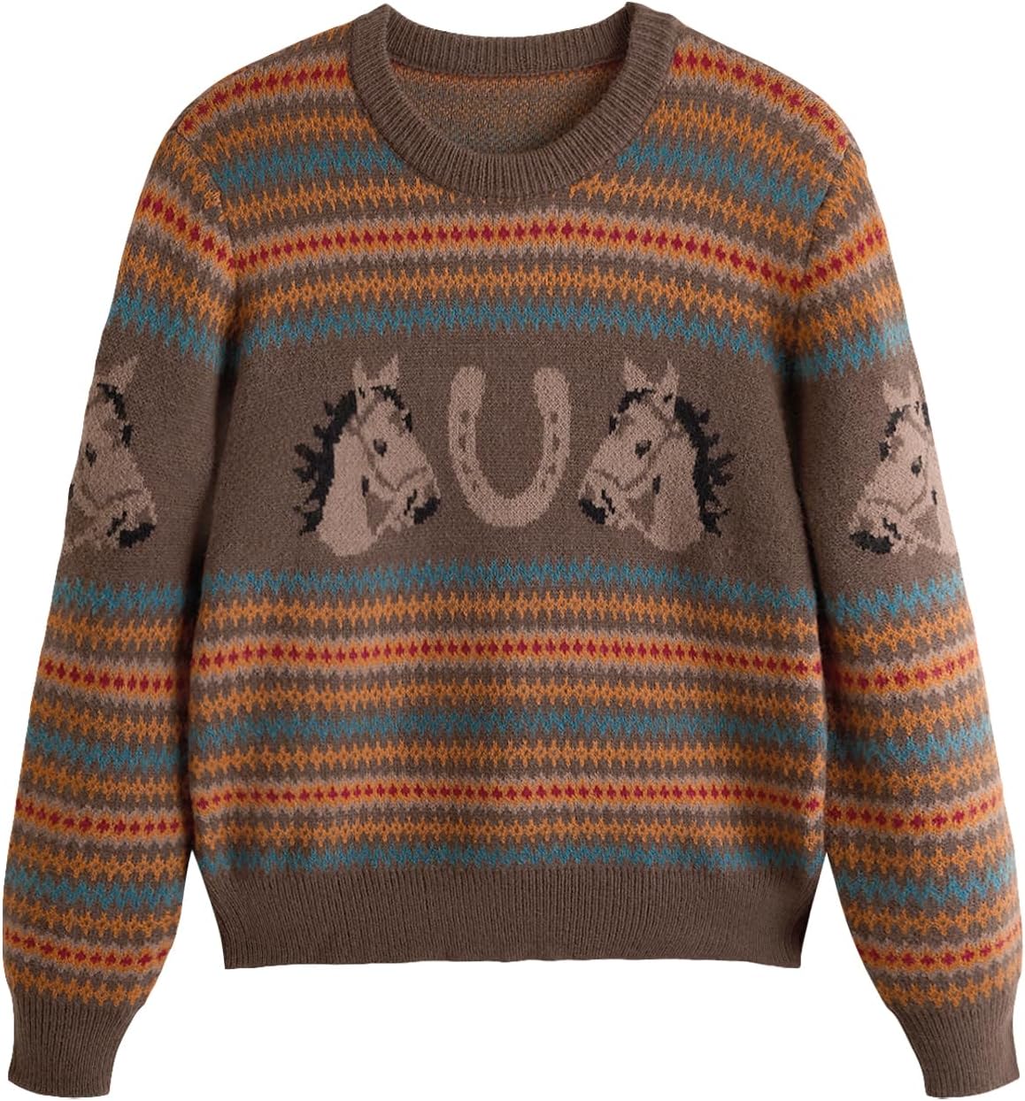 WDIRARA Women's Graphic Sweaters Crew Neck Long Sleeve Pullover Retro Vintage Knit Tops