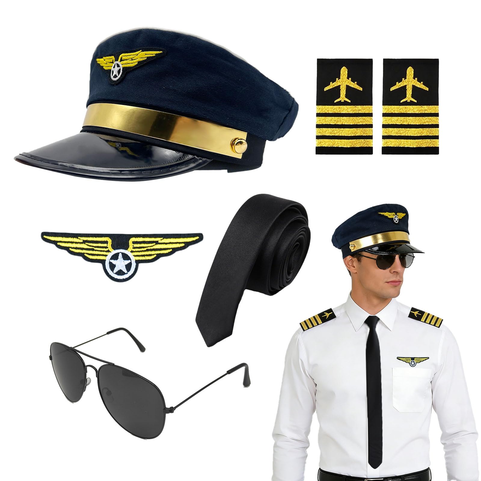 GYIOFAI 6 Pcs Airline Pilot Captain Hat Costume Accessories Set,Halloween Pilot Airplane Captain Costume Fancy Dress Kit, Aviator Hat, Armband Badge Tie Glasses, for Cosplay Dress up Party (Navy Blue)