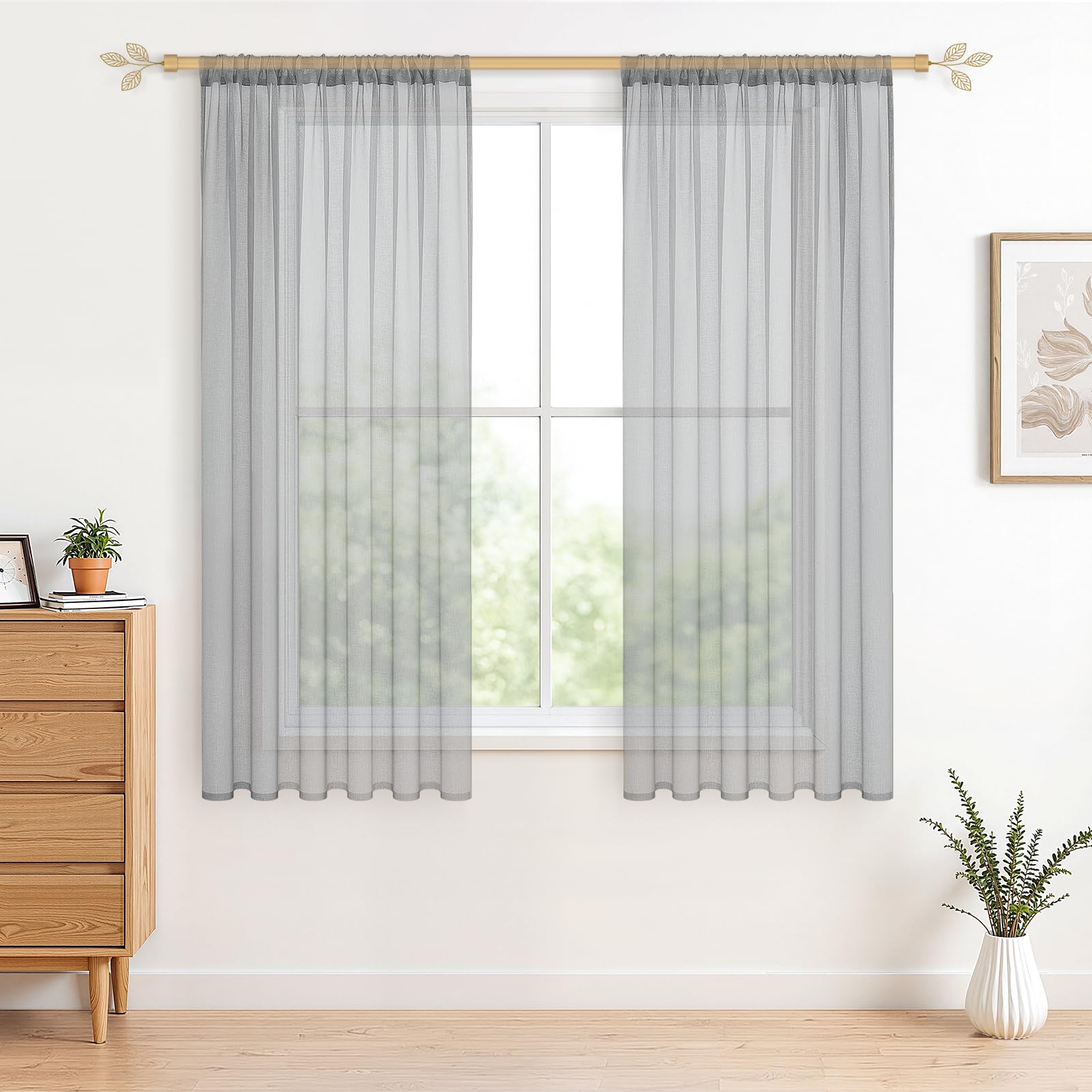 CUTEWIND Gardinen Kurz Volie Vorhänge mit Stangendurchzug Halbtransparent Vorhang aus Polyester Gardinen Wohnzimmer 140x160cm(BxH) 2er Set Grau