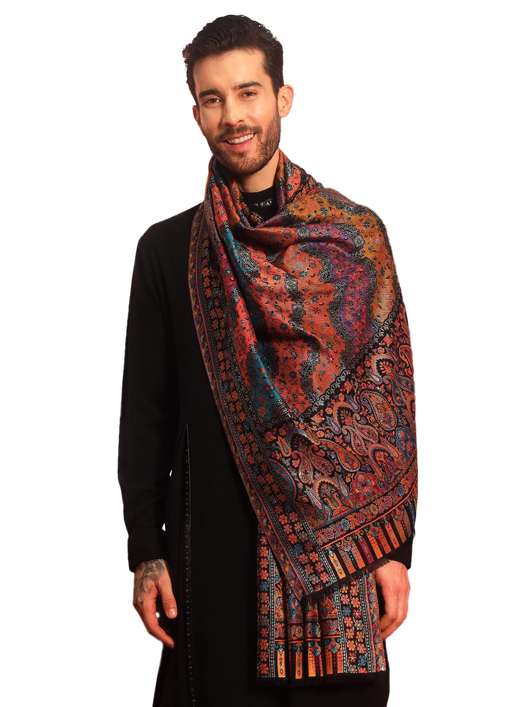 pashmoda Men Libaas Fine Wool Kaani Shawl, Authentic Kashmiri Luxury Pashmina Style Shawl, Stole, Medium Gents Lohi, (Size 40x80 Inches)-picture-25