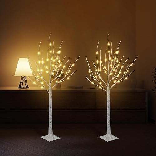Miniatura 6 de Juego de 2 árboles de abedul iluminados de 4 pies, árbol de abedul con luces de hadas, decoraciones de Navidad blancas cálidas para la decoración
