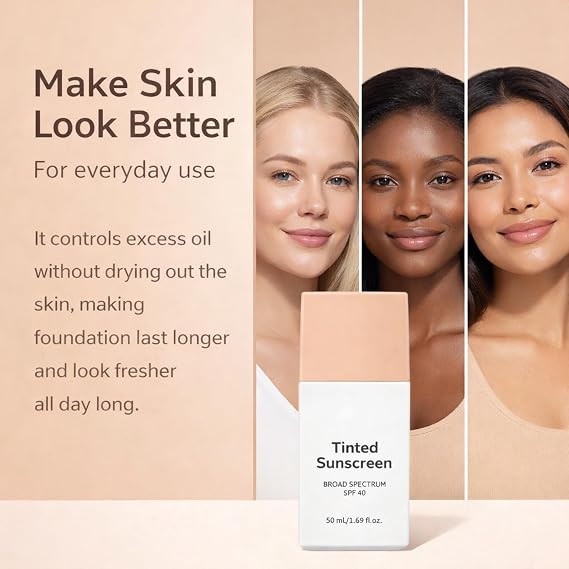 Daily Tinted Fluid Sunscreen for Face,Lightweight Tinted Moisturiser SPF 40,Mineral Style Skin Tint Foundation with Zinc Oxide Inspired Formula,Natural Tone,Non Greasy Finish,for Most Skin(Medium)