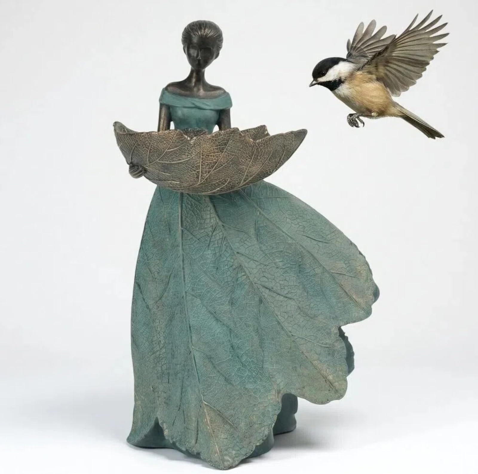 DiliComing Fairy Garden Statue Bird Feeder - 12 Inch Fairy Statue for Home Decoration, Resin Outdoor Statues for Garden Decoration, Best Bird Feeder Garden Gift for Women 12 x 7.5 x 5 Inch(Green)