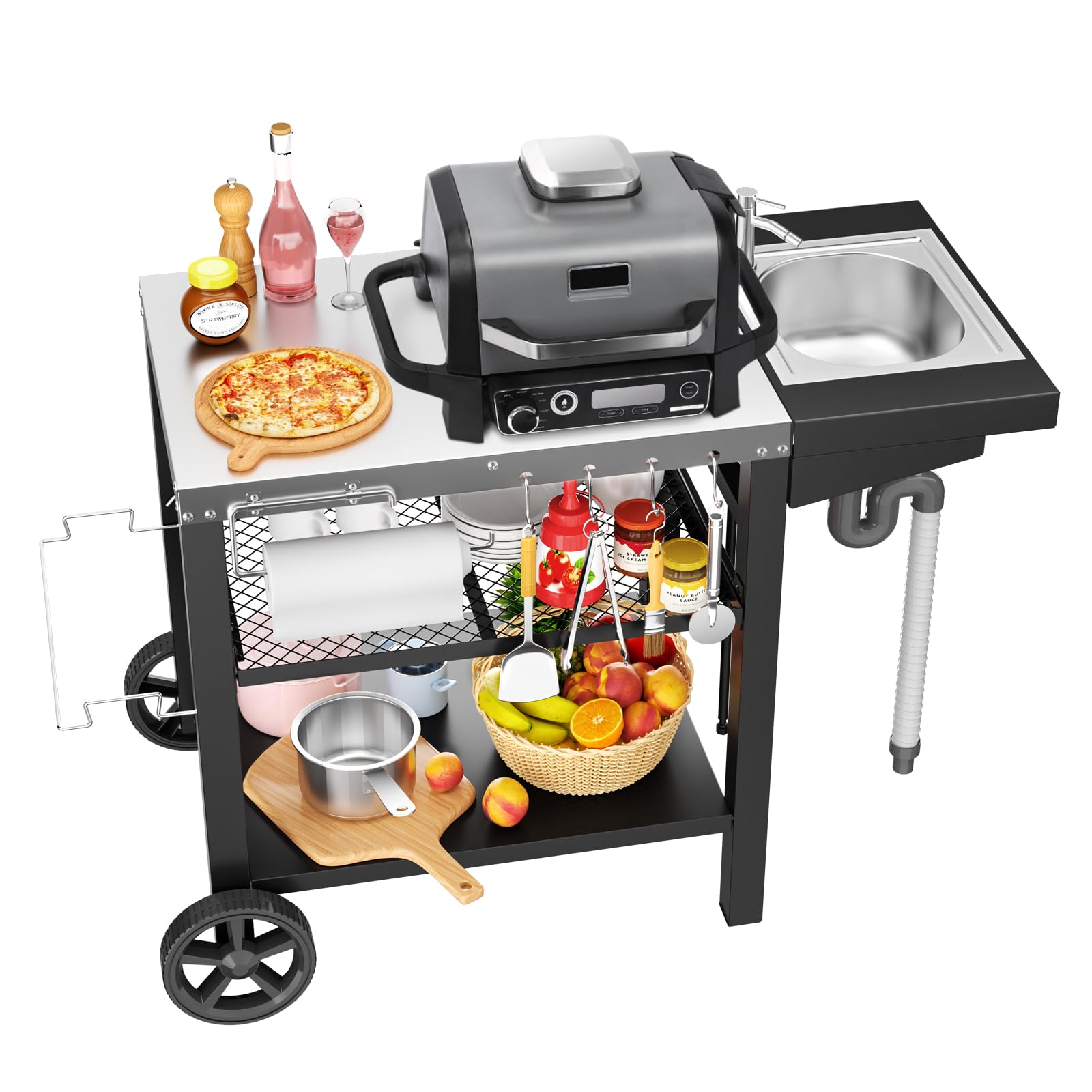 GFTIME Carrito de barbacoa de 107 x 63 x 81 cm, con fregadero de Woofire, para hornos de pizza, para barbacoas al aire libre, resistente a la intemperie, para hornos de pizza, para Weber Q1000